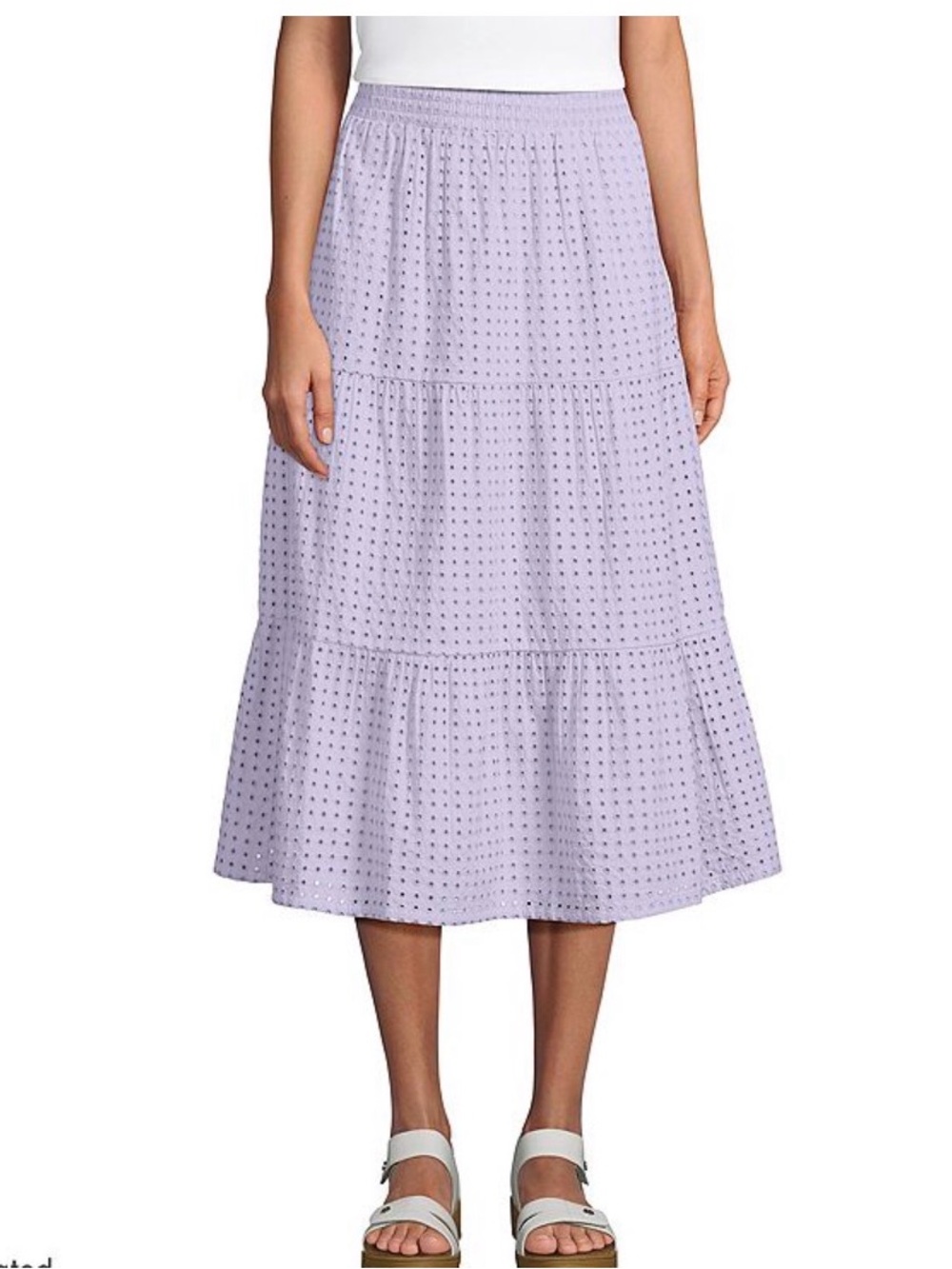 Lands' End Purple Eyelet Tiered Midi Cotton Skirt Pull On Elastic Waist Lined LP